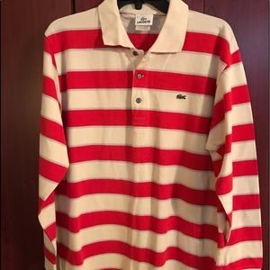 Red, cream and gray shirt.